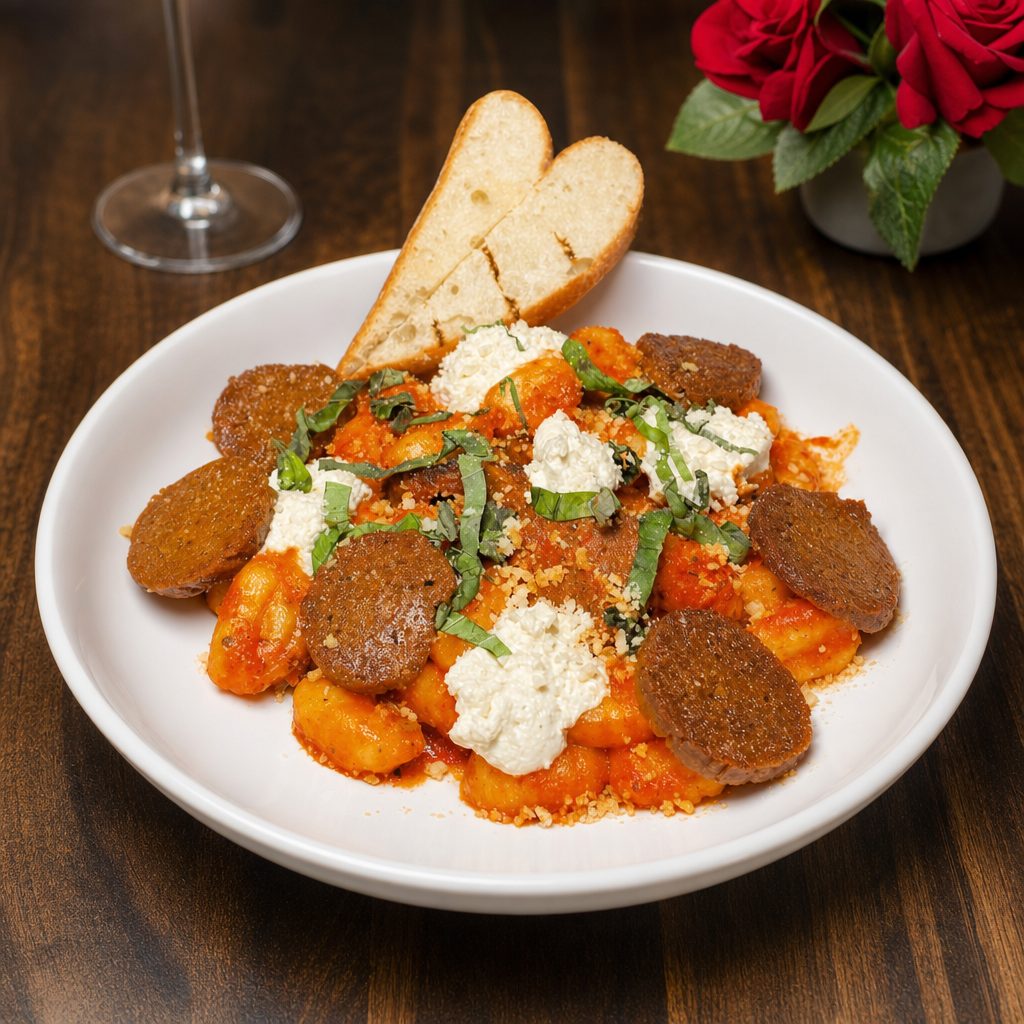Gnocchi with tomato cream sauce and spicy sausage.