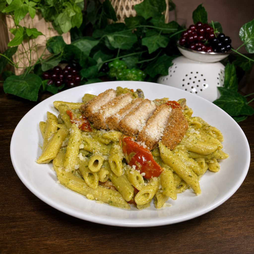 Pesto Penne with Crispy Chicken.