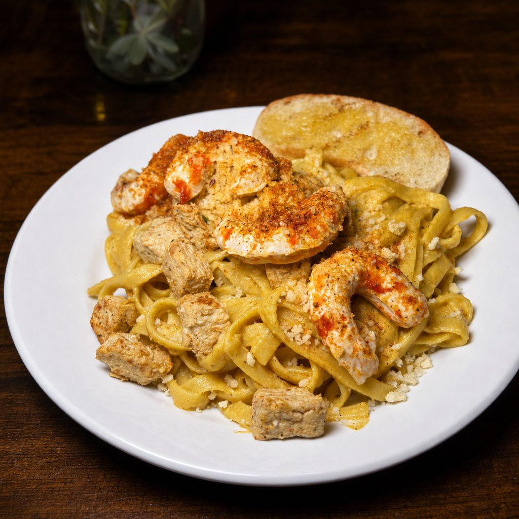 Half Tray Cajun Chik'n & Shrimp.