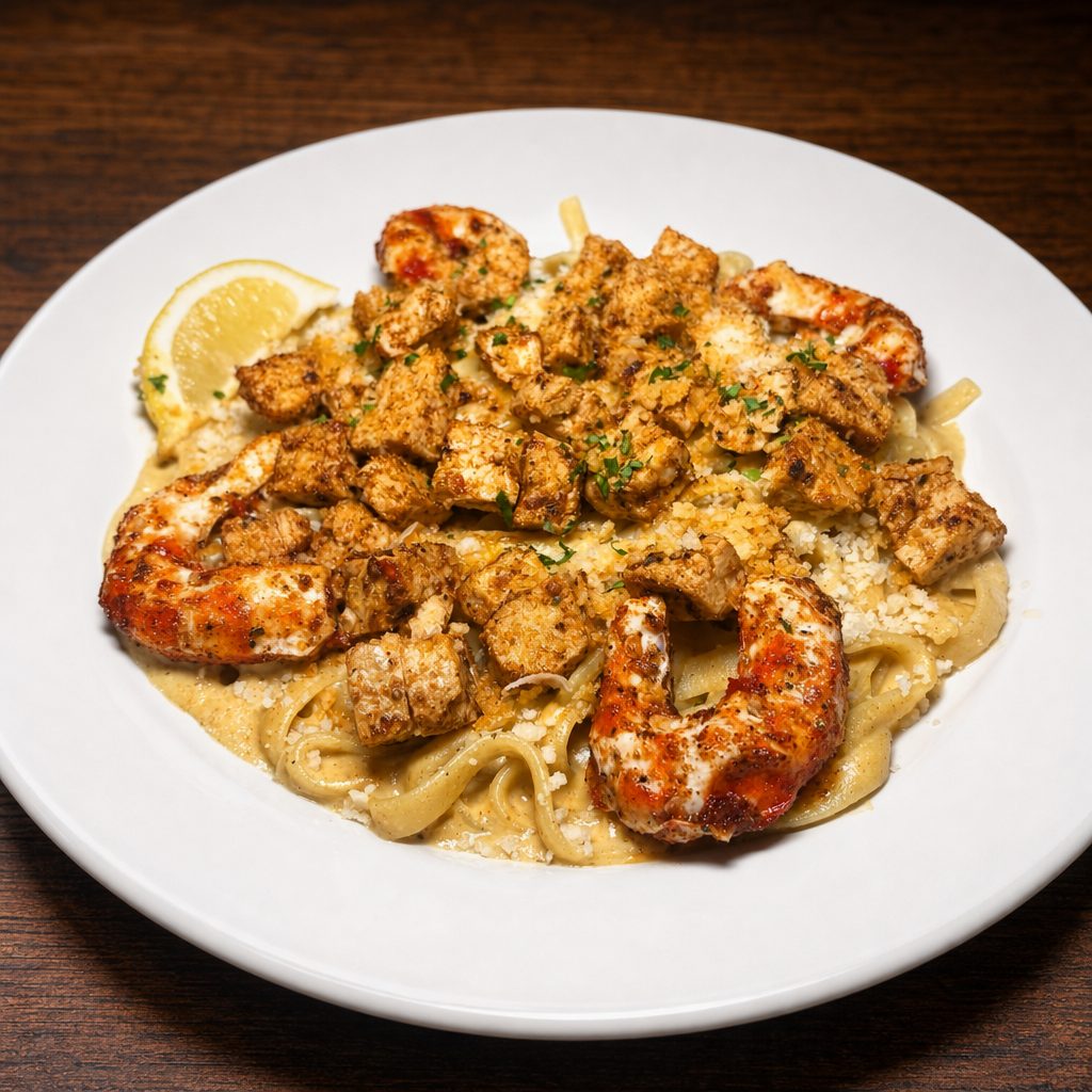 Cajun Chicken and Shrimp Alfredo.