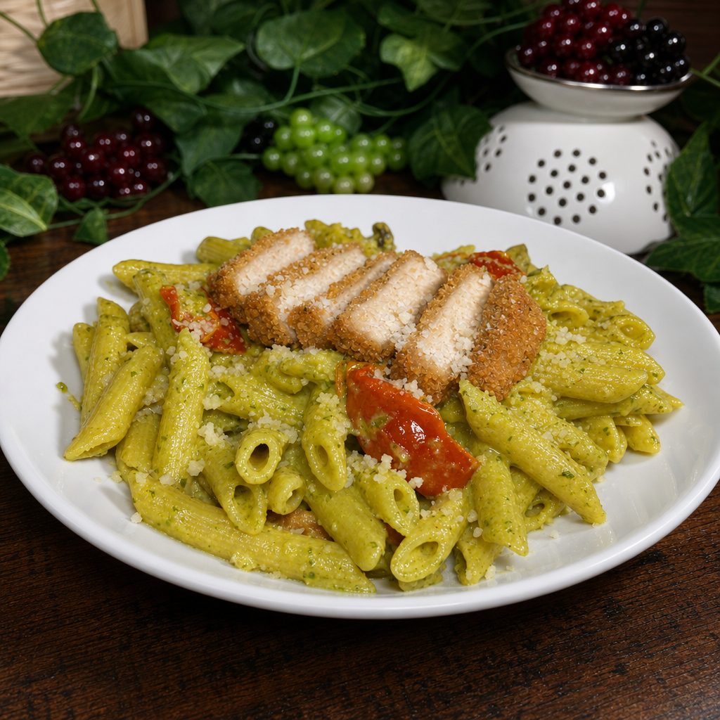Full Pesto Penne with Crispy Chicken.
