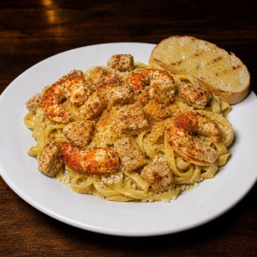 Full tray of Cajun shrimp and chick'n.
