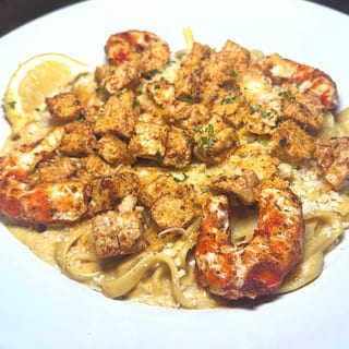Cajun Chick'n and Shrimp Alfredo
